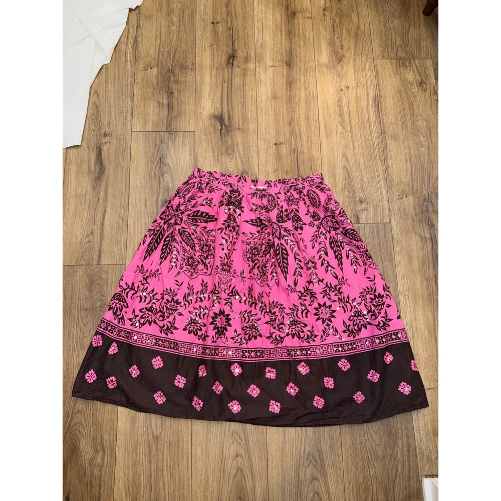 Bill Blass Vintage Pink Brown Floral Midi Skirt Size 10 Sequin Embellishments